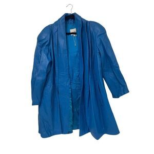Vintage 80s Saks Fifth Avenue Womens Leather Coat Jacket L Large Blue Open NWOT